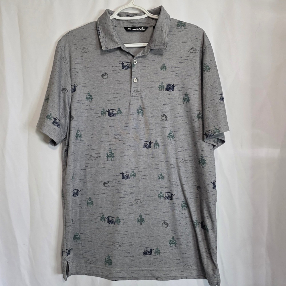 TravisMathew Polo Shirt Mens Large Grey Golf Cart Tree Print Performance Luxury